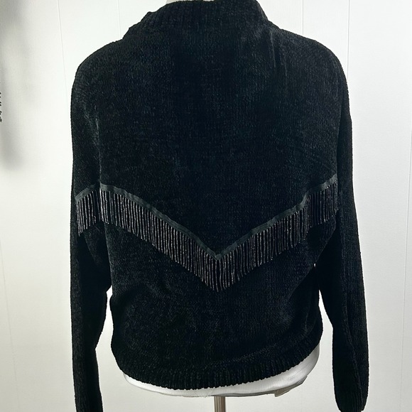 True VINTAGE Black Beaded Chenille CARDIGAN SWEATER M Fringe Velvet western 80s - Picture 13 of 17
